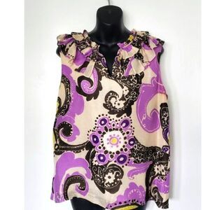 Kate Spade New York Missy Ruffle Silk Linen Paisley Top Purple Sz 12 Mod Revival